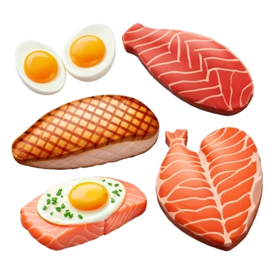 Four separate protein icons: a golden glowing chicken breast, a red meat steak, a smaller salmon fillet, and an egg, each with a subtle DNA strand behind it and muscle fiber pattern around the edges sticker