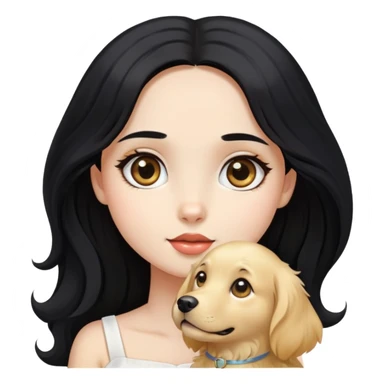 A beautiful girl with big eyes, fair skin, long black hair with white dress and a Golden Retriever sticker