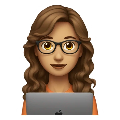 female coder with apple laptop in front of her, long wavy brown hair, brown eyes, cat eye glasses sticker