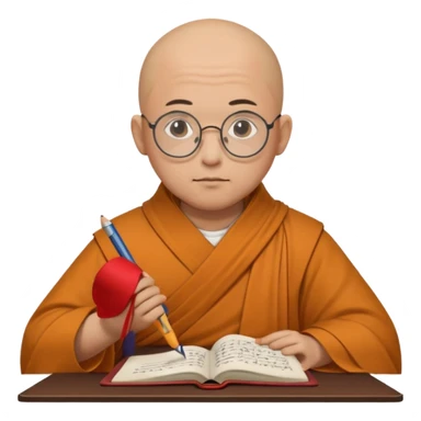 A bald scholar monk with round glasses, writing notes with quiet concentration.
 sticker