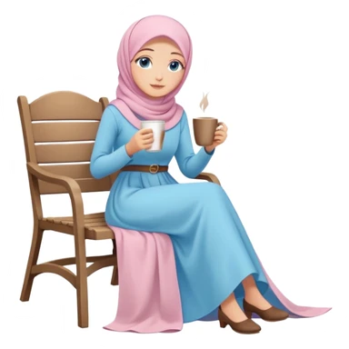 Turkish beautiful finish Konya girl blue eyes with pastel hijab long tail dress and sits on the chair on the ground and holds cup coffe with her hand  sticker