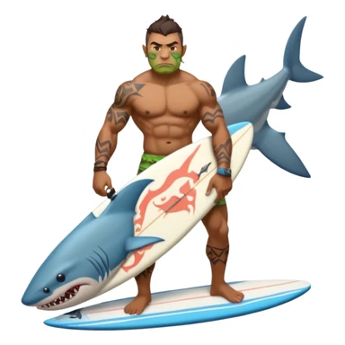 orc male holds a surfboard with a shark painted vertically in his hands sticker