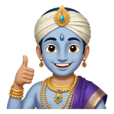 a playful and friendly depiction of the Hindu god Krishna with light gray skin, giving a flirty smile that shows his teeth, winking his right eye. He’s striking a two thumbs up. Dressed in traditional attire with a modern twist, set against a soft, divine glow that highlights his joyful and charismatic personality. sticker