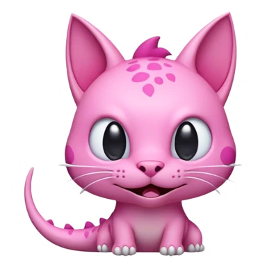 Create a front-facing, emoji-style illustration of a pink dinosaur-cat hybrid. The character should have a goofy, innocent, and slightly confused expression. It should have cat-like ears but a slightly elongated snout, subtle dinosaur-like scales, and a round, soft head. The design should be cartoonish, minimalistic, and stylized, resembling an Apple Memoji or an emoji. Use bold outlines, smooth gradients, and a glossy finish to match the modern digital emoji aesthetic. The background should be transparent or a simple solid color to make it adaptable for stickers, avatars, or messaging apps. sticker