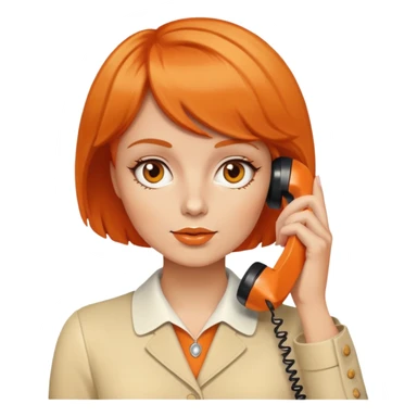 upper body of a woman with short orange hair talking on a white 70s phone sticker
