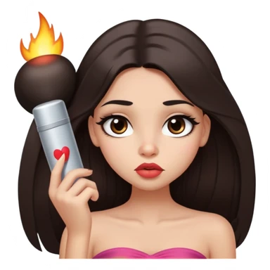 girl with lighter skin, dark brown long straight hair, pouty shiny lips without cupid's bow, large eyes, lighter button nose, long oval-shaped face, wearing a bandeau top sticker