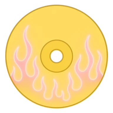 A minimalist CD disc with subtle pink flames, glowing effect, variation 2, color: yellow sticker