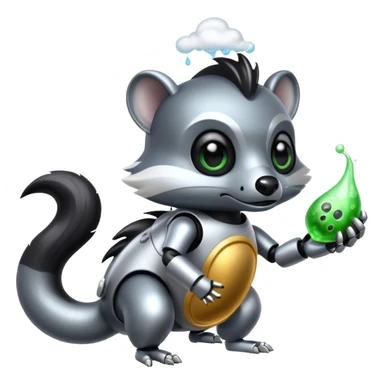 evil robot skunk with bacteria and fart cloud in samsung emoji style sticker