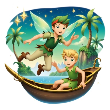 An icon representing an adventure game, inspired by whimsical fantasy. The design features Peter Pan soaring through the sky with Tinker Bell beside him, leaving a shimmering trail of pixie dust. Below, Neverland’s lush jungles and pirate ships create a backdrop of magic, adventure, and endless youth. Transparent background. sticker