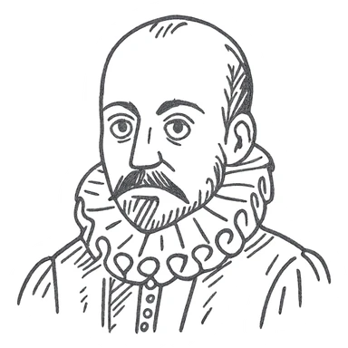 a hand drawn black outline portrait of philosopher Montaigne with similar-sized eyes based a famous portrait of him sticker