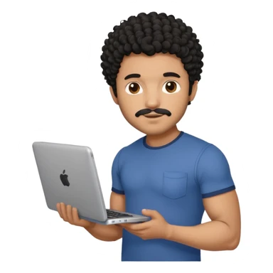 men holding his computer in hands. light brown skin men with curly black hair, dark brown eyes, little grown beard. ust a tiny bit muscular. dressed casual. round face. sticker