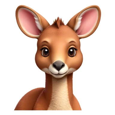 Cinematic Cute Adult Red Kangaroo Portrait Emoji, Head tilted playfully and inquisitively, showcasing a charming, robust build with soft reddish fur and a uniquely camel-like head featuring a gentle, elongated snout and rounded ears, with large, sparkling eyes full of wonder, Simplified yet irresistibly adorable features, highly detailed, glowing with a warm, friendly glow, high shine, affectionate and lively, stylized with a touch of outback whimsy, soft glowing outline, capturing the essence of a mischievous yet loving kangaroo that seems as if it could hop out of the screen into your arms! sticker