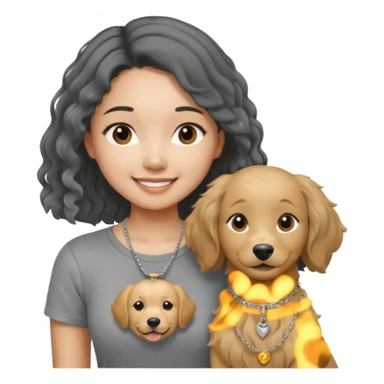 An asian girl wearing a gray round-neck tight T-shirt, a thin silver necklace .The hair is black and long, and the ends are slightly curly. Smiling, holding a golden retriever sticker