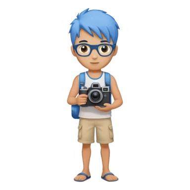 blue hair full body handsome man with camera and beach outfit  standing sticker
