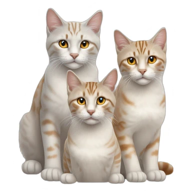 three cats sitting together, 1 lynx point with blue eyes, 1 orange and white tabby with yellow eyes, 1 all orange with orange eyes sticker