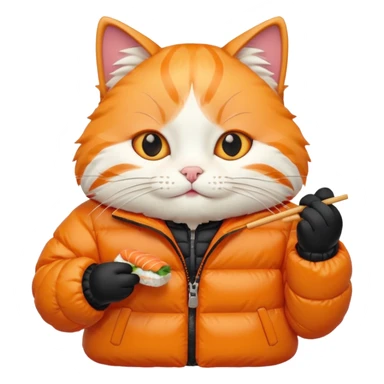 cat wearing a puffy jacket and eating sushi sticker