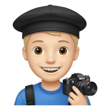 smiling schoolboy with large front teeth wearing a black cap holding a camera sticker