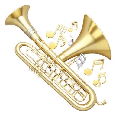Create a festive and elegant emoji collage featuring a bouquet or fan of bells of wind instrument  (trumpets, saxophones, trombones, tubes, etc.) arranged in a radiant, symmetrical pattern. The instruments should have polished, golden and silver finishes, with their large, shiny bells forming a beautiful, fan-like display. Include a flowing ribbon of musical notes swirling through the center, conveying movement and melody. The background should feature a deep red velvet texture, adding a touch of luxury and sophistication. The overall composition should be balanced, with an elegant and regal feel, with a transparent background to keep focus on the instruments and musical elements. sticker