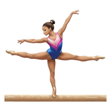 A gymnast performing a flawless routine on the balance beam, showcasing strength and grace. The scene captures the precise, elegant movement with perfect balance and form. The background features a gymnastics arena with vibrant lighting and cheering crowds, emphasizing athleticism and poise. sticker