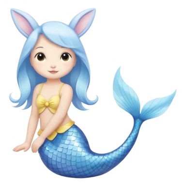 cute bunny with a mermaid tail, sitting and looking back, soft white fur, pastel blue and yellow fish tail sticker