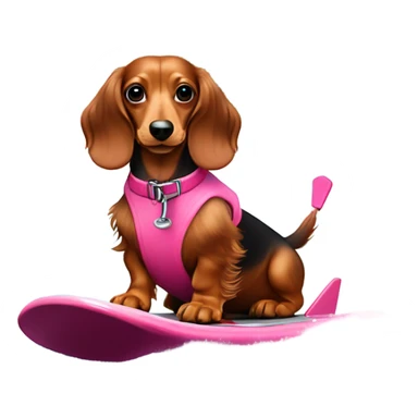 Long haired miniature dachshund red colour with pink collar on waterskis sticker