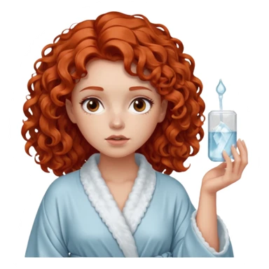 Cartoon emoji of a girl with voluminous curly red hair, fair skin, warm brown eyes. Wearing a chic milky silk robe with long sleeves, no makeup. Portrait mode, holding a ice cube for face skin care, looking doubtful and unsure. Smooth, simple, stylized." sticker