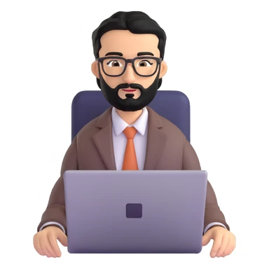 professional middle eastern businessman with well-groomed medium length black beard, neat black hair, connected eyebrows, elongated nose, tan skin, brown eyes, modern glasses, wearing perfectly pressed business casual outfit, efficiently working on a laptop sticker