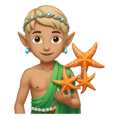 elf male Sarong with bioluminescent embroidery, armful of starfish, hair in a braid with pearl pins. sticker