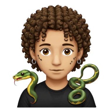 Chico con cabello medio corto, rizado, con ojos marrones, piel trigueña, con dos piercings debajo del labio (Snake bites) y dos piercings en cada oreja con pendientes negro, con polera negra sticker