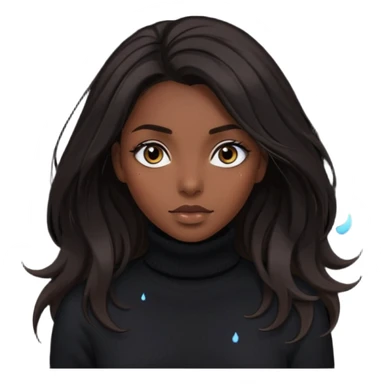 Mujer pelo oscuroy muy largo con unos mechones saliendo ojos oscuros y muy atractiva y con jersey de invierno de cuello vuelto sticker