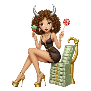 seductress evil brown curly haired sexy drug lord woman with clear glittery platform heels on her feet and horns on her head, holding a stack of cash and a lollipop in her mouth sticker