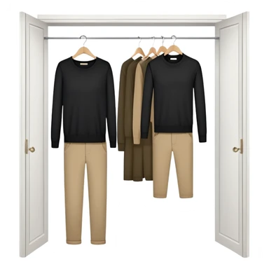 Cute closet with door ajar revealing black long sleeve shirts, sweaters, and khaki work pants hanging organized sticker