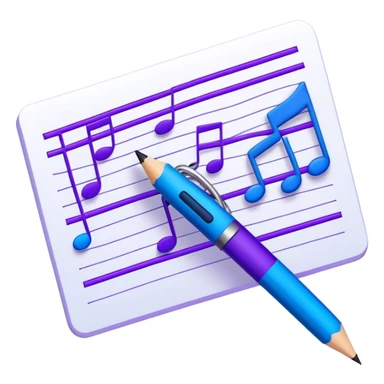 Emoji that represents music track writing. The design should feature a music composition sheet with musical notes and lyrics, a digital audio workstation (DAW) interface or soundwaves, and a pencil or pen to symbolize the writing process. Add a touch of technology with subtle elements like sound mixing sliders or waveform graphics. Use a blend of vibrant and inspiring colors, such as electric blue or neon purple, to evoke a sense of creativity and innovation. The background should be transparent. sticker