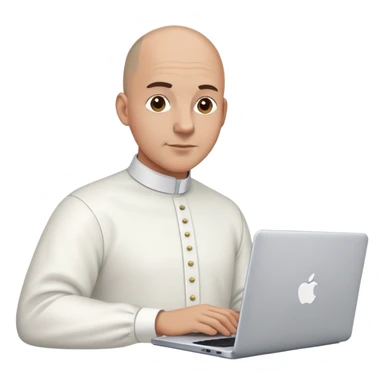 memoji of a bald brown man with a laptop in front, apple-style,modern,fair white skin,dark hair,white bishop collar shirt,behind the computer sticker