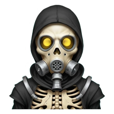 skeleton wearing a gas mask portrait, head and shoulders only, visible rib cage bones, cracked skull, dark hood, glowing eyes inside the mask, post-apocalyptic vibe, dramatic lighting, 3D cartoon, mobile game icon style, clean background, no text, no watermark
 sticker