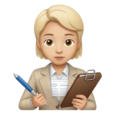 A person holding a checklist and pen is wearing smart casual clothing. The character is in a focused pose sticker