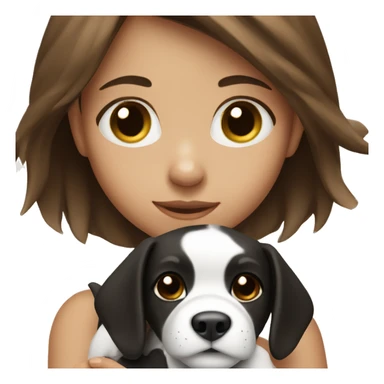 a girl with brown hair holding a black and white puppy sticker