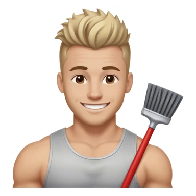 smiling muscular 28 year old man with silver jewelry, with light brown hair that has some blonde and red highlights, and a fauxhawk cleaning sticker