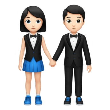generate a pretty bratz fair skinned boy with short black hair wearing a black tux with blue sneakers with a girl sticker