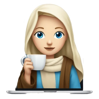 White Girl with blue eyes drinking tea with blanket on a macbook sticker