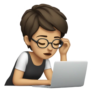 Tired brunette  short hair glasses at a laptop with headache sticker