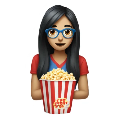 Pale girl with long black hair eating popcorn with red and blue glasses sticker