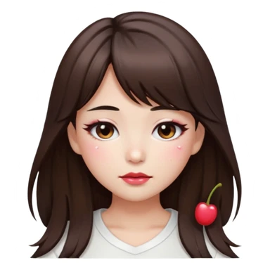 “japanese style Emoji brunette girl long hair with side bangs white top, dewy skin, heavy blush across cheeks and nose bridge, glossy cherry lips, soft eyeliner, teary sparkling eyes sticker