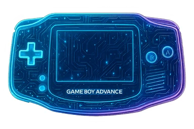 Transform the Gameboy Advance into a cyberpunk, holographic style with glowing neon blue and pink edges. Add intricate circuit patterns throughout the entire device while maintaining the recognizable shape, buttons, and screen. Overlay neon and circuit effects in a futuristic, clean style consistent with cyberpunk icons. The whole device should have a consistent cyberpunk glow and intricate circuit details. Transparent background. sticker
