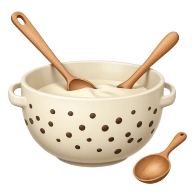 a cream ceramic mixing bowl with a wooden spoon stirring sticker