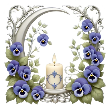 A peaceful sanctuary under the glow of a silver crescent moon, where lush blue pansies bloom in a secluded garden. The pearl-colored candle, adorned with delicate engravings, flickers with a soft luminescence, its wax melting into artistic patterns. Silver ivy vines weave through the flowers, catching the moon’s glow. A gentle breeze lifts tiny petals into the air, creating a serene and poetic atmosphere, while subtle celestial runes appear faintly in the candle’s light. sticker