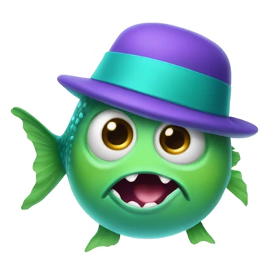 green and Robin egg blue fish monster wearing a purple hat sticker