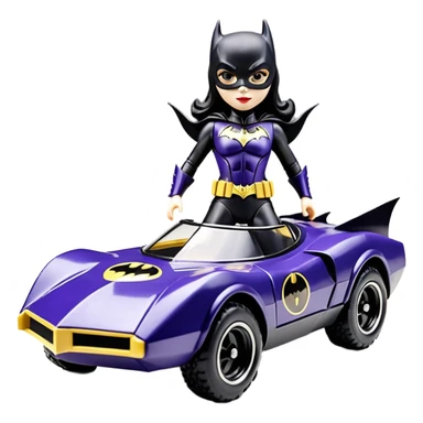 scale racing sexy fitted Batgirl’s buxom heroically armored midnight-colored tight outfit 1970’s tv style dark knight stealthy accurate sporty safe plush deluxe off-road pursuit drifting F1 town car (to-scale model with black hair, shoulders back against the drivers seat) rally vehicle  sticker