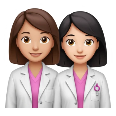 cientificas con blusa rosa y bata blanca felices, una chica con pelo marrón y otra chica un poco mas pequeña con pelo negro, deben tener la piel un poco brinceadas sticker