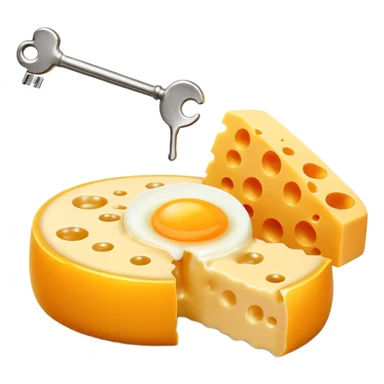 Ethereal vitamin K2 appearing as a golden key floating among pieces of aged cheese, egg yolk, and fermented natto. The key directs glowing calcium particles toward a single bone with a bright golden deposition point, illustrating K2's targeted calcium-directing function. sticker